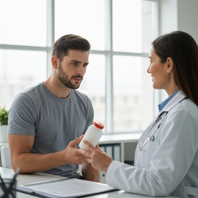 Patient discussing prescription laxatives with a doctor in a modern clinic setting, clear communication, professional atmosphere, no text, no words, no typography, 8K