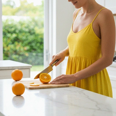 Hands preparing a fruit smoothie with various fresh fruits on a kitchen counter