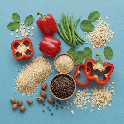 Variety of high-fiber foods such as fruits, vegetables, and grains on a wooden table