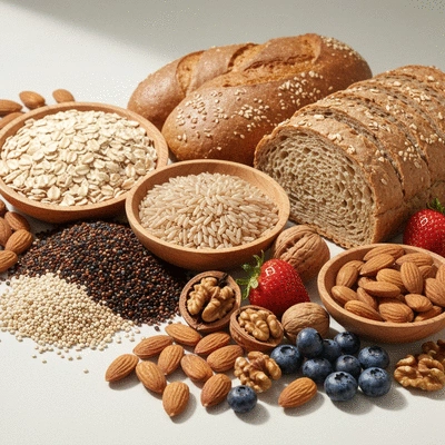 Assortment of whole grains and healthy foods on a rustic wooden table