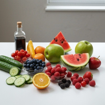 Assortment of fresh hydrating fruits and vegetables on a white table