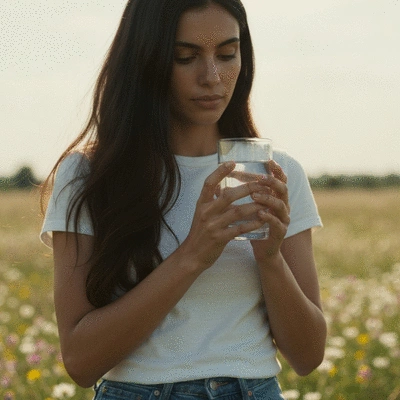 Person holding a glass of water with a subtle background of gut health elements