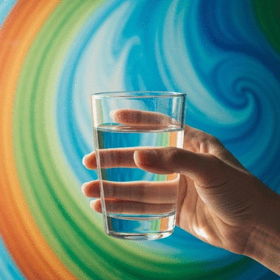 Hand holding a glass of water with electrolyte symbols floating around it