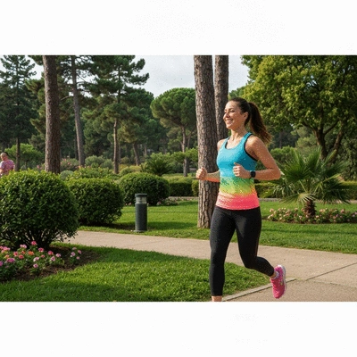 Woman happily jogging outdoors, symbolizing active lifestyle and digestive health