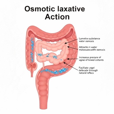 Diagram illustrating osmotic laxative mechanism of action, showing water being drawn into intestines, softening stool, and stimulating bowel movements, no text, no words, no typography, clean image