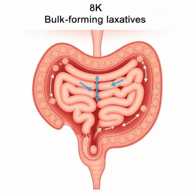 Diagram showing bulk-forming laxatives absorbing water in intestines to create softer, bulkier stool, no text, no words, no typography, clean image
