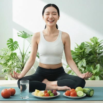 Person enjoying a balanced meal with fruits and vegetables, drinking water, and exercising, illustrating a holistic approach to digestive health, no text, no words, no typography, clean image