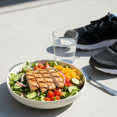 Balanced meal with plate of food and a glass of water next to athletic shoes, implying diet and exercise