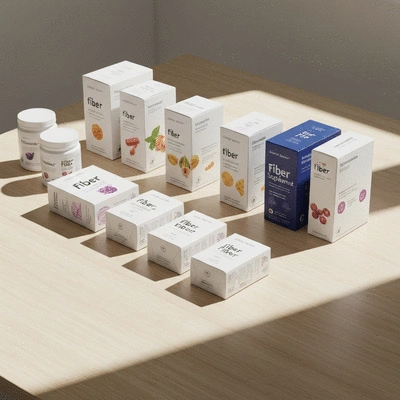 Variety of fiber supplements in clean packaging, natural lighting