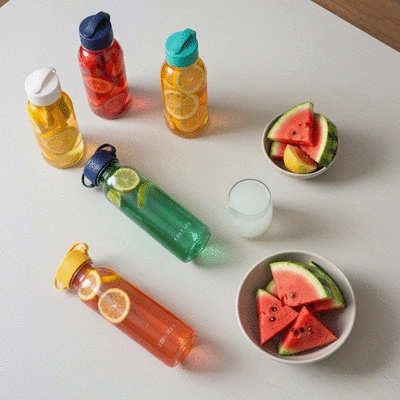 Variety of hydrating drinks and fruits on a table, symbolizing personalized hydration