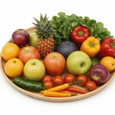 Assortment of high-fiber foods like whole grains, fruits, and vegetables on a wooden table, emphasizing healthy eating.