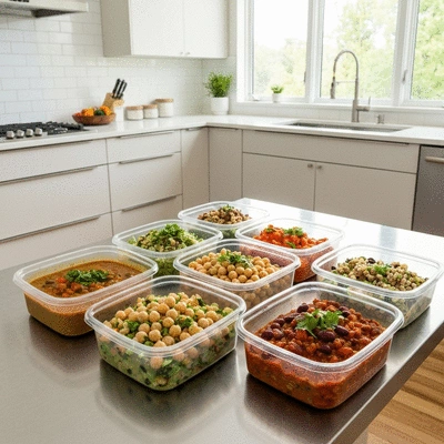 Healthy meal prep containers featuring various legume-based dishes, like lentil soup, chickpea salad, and bean chili, in a clean, modern kitchen setting