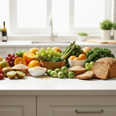 Healthy food options for managing constipation on a kitchen counter