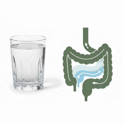 Glass of water next to a digestive system diagram showing water softening stool