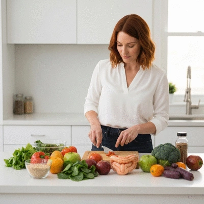 Person looking at various healthy foods on a kitchen counter, representing dietary choices for digestive wellness.