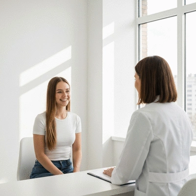 Person consulting a healthcare professional about digestive health, no text, no words, no typography, clean image