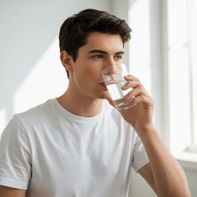 Person drinking a glass of water, illustrating hydration, no text, no words, no typography, clean image