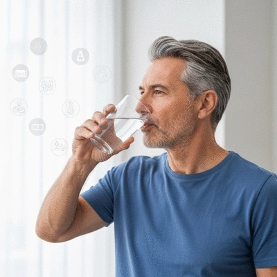 Person drinking water from a clear glass, with a subtle background of healthy digestion concepts