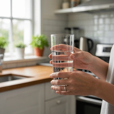 Person drinking water from a glass, emphasizing hydration