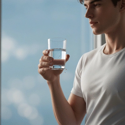 Person drinking a glass of water, emphasizing hydration for bowel health
