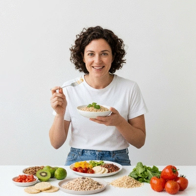 Person eating a fiber-rich meal with fruits and vegetables