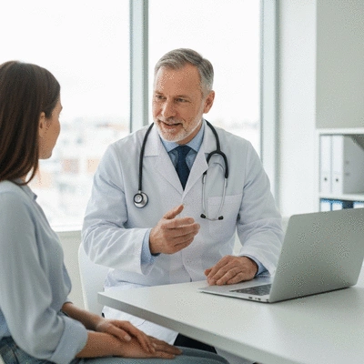 Doctor consulting with a patient about constipation in a clean clinic setting