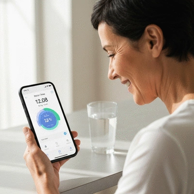 Healthy person tracking water intake on a smartphone app, with a glass of water nearby