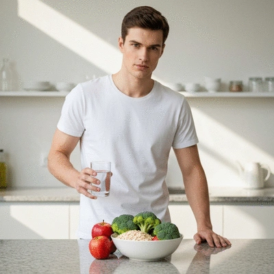 Person holding a glass of water next to a bowl of fiber-rich fruits and vegetables