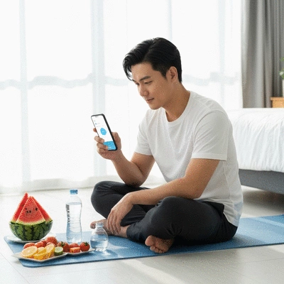 Person tracking water intake on a smartphone, with fruits and vegetables nearby