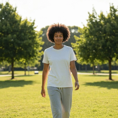 Person taking a light walk after a meal in a park, showing comfort and ease