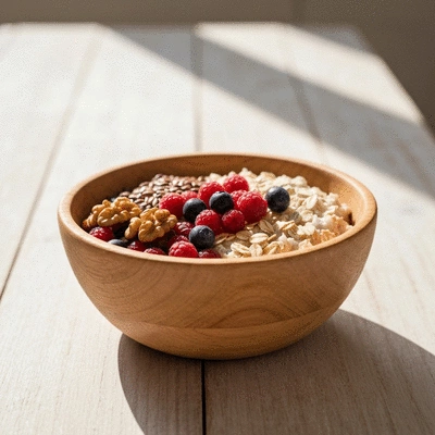 Bowl of high-fiber foods like oats, berries, and nuts