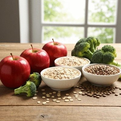 A colorful assortment of fiber-rich foods like apples, broccoli, oats, and lentils, arranged in a visually appealing manner on a rustic wooden table, bright natural lighting, no text, no words, no typography, no labels, clean image
