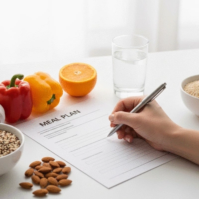 Hand writing on a meal plan template with healthy food items