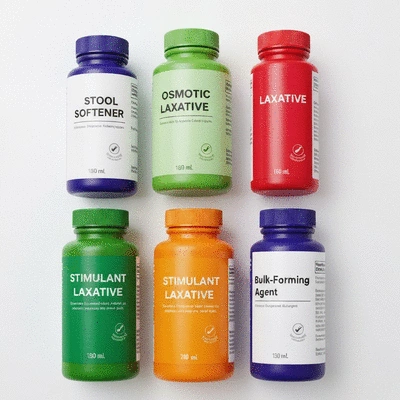 Various types of laxatives in different colored bottles or packages, with labels indicating 'Stool Softener', 'Osmotic Laxative', 'Stimulant Laxative', and 'Bulk-Forming Agent', arranged neatly on a clean white background, no text, no words, no typography, no labels, clean image