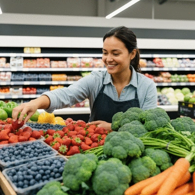 Person choosing healthy foods in a grocery store, focus on fresh produce